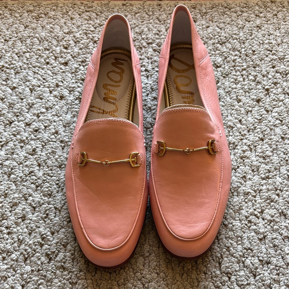 Sam Edelman Pink Loafers with gold detailing.